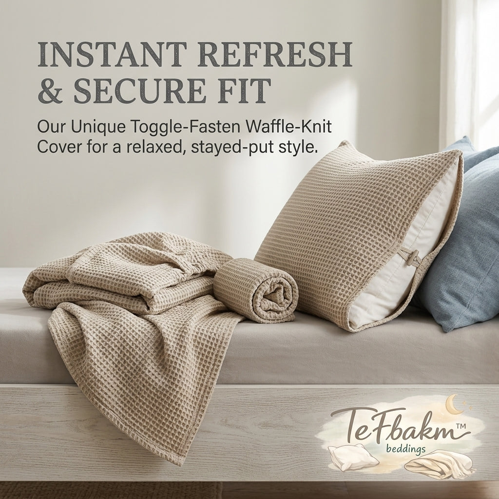TeFbakm™ Waffle-Knit Bedding Set – Textured Pillow Cover with Unique Toggle-Fastener & Matching Throw – Cozy, Secure-Fit, Instant Bedroom Refresh
