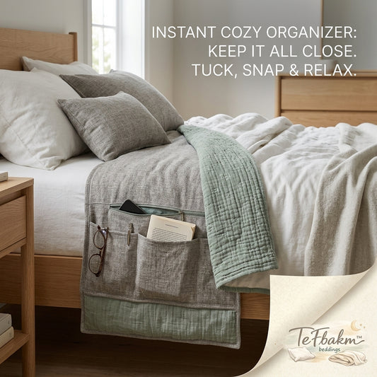 TeFbakm™ Bedside Caddy Organizer – Essential Bedside Storage Pocket for Phone, Glasses, Books & Remotes | Effortless Tuck-in Hanging Organizer for Bedroom, Dorm & Guest Room – Cozy & Minimalist Design