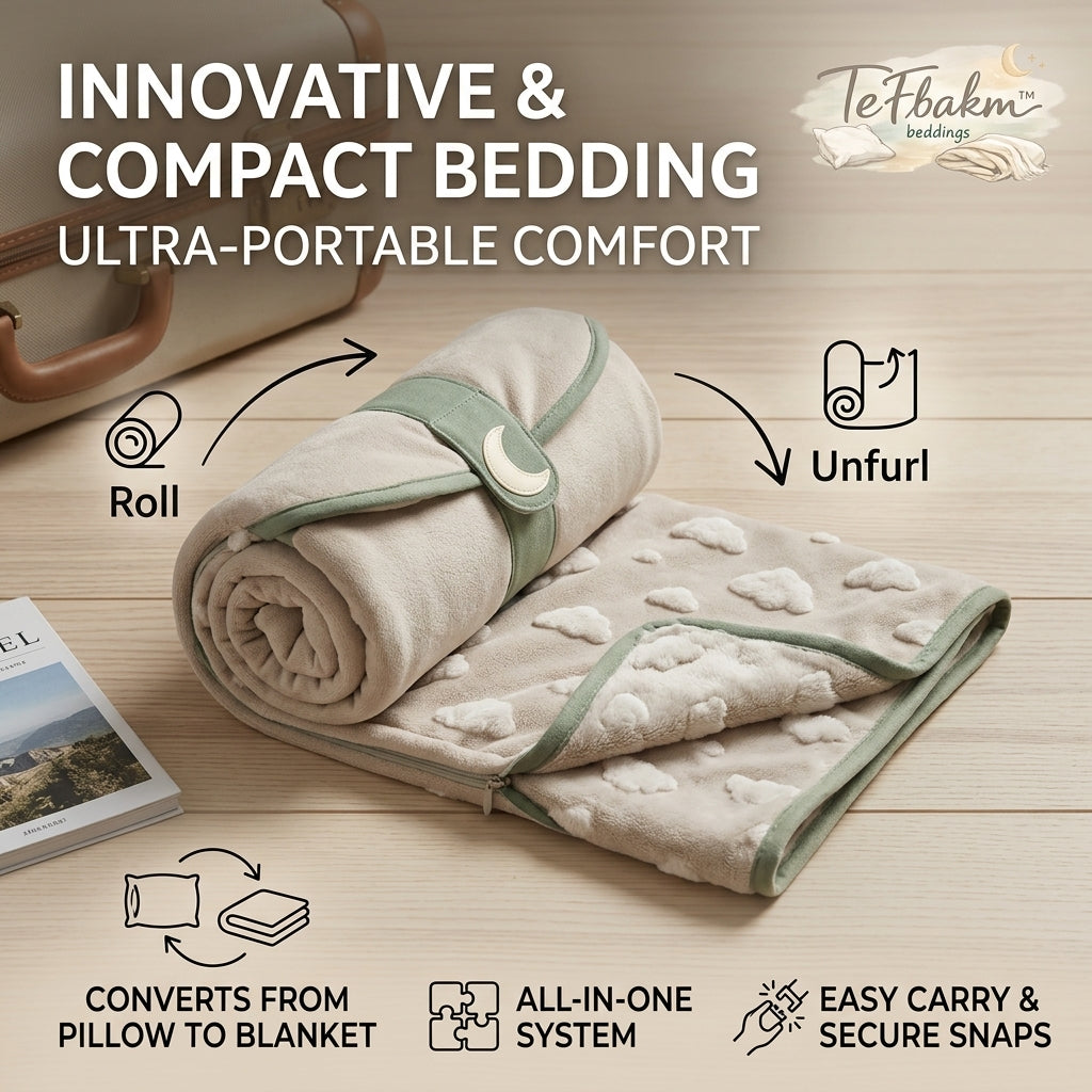 TeFbakm™ 2-in-1 Convertible Travel Blanket & Pillow – Ultra-Soft, Cloud-Textured Foldable Bedding, Lightweight & Compact Roll-Up Design, Perfect for Camping, Office Naps, Road Trips, and Commuting