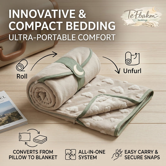 TeFbakm™ 2-in-1 Convertible Travel Blanket & Pillow – Ultra-Soft, Cloud-Textured Foldable Bedding, Lightweight & Compact Roll-Up Design, Perfect for Camping, Office Naps, Road Trips, and Commuting