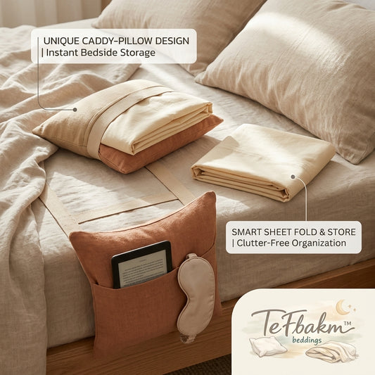 TeFbakm™ Bedside Caddy-Pillow Organizer | Multi-Functional Storage Pillow & Smart Sheet Storage Solution | Space-Saving Bedside Pocket for E-Readers, Phones & Essentials | Minimalist Home Decor