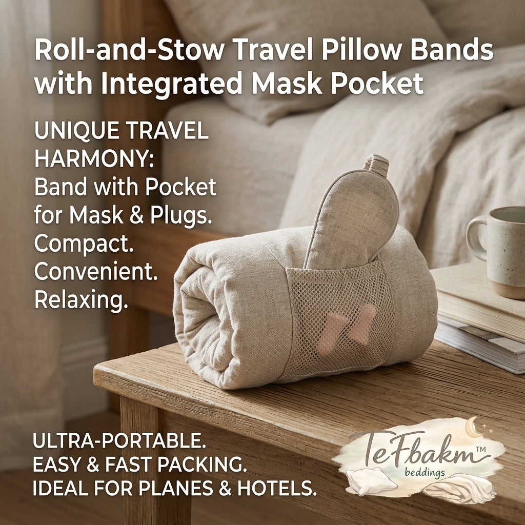 TeFbakm™ Roll-and-Stow Travel Pillow Band | Compact Pillow Strap with Integrated Sleep Mask & Earplug Pocket | Portable Travel Organizer for Flights, Road Trips, and Hotel Stays