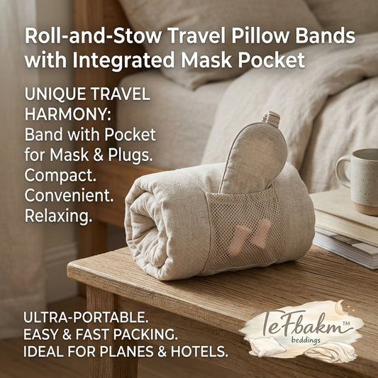 TeFbakm™ Roll-and-Stow Travel Pillow Band | Compact Pillow Strap with Integrated Sleep Mask & Earplug Pocket | Portable Travel Organizer for Flights, Road Trips, and Hotel Stays