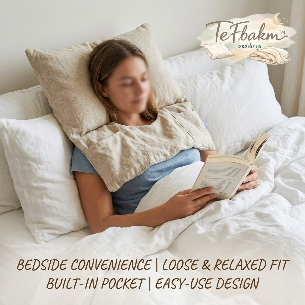 TeFbakm™ Wearable Reading Pillow & Shoulder Wrap – Cozy Linen Feel Neck Support with Built-In Pockets – Hands-Free Bedside Organizer for Books, Phone & Glasses