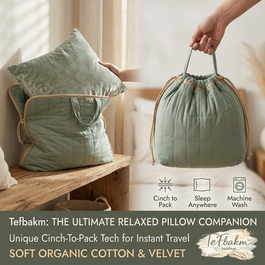 TeFbakm™ Quilted Travel Pillow Carrier | Premium Organic Cotton & Velvet Cinch-to-Pack Bag | Portable Pillow for Airplanes, Road Trips & Camping | Soft, Machine Washable, Sage Green